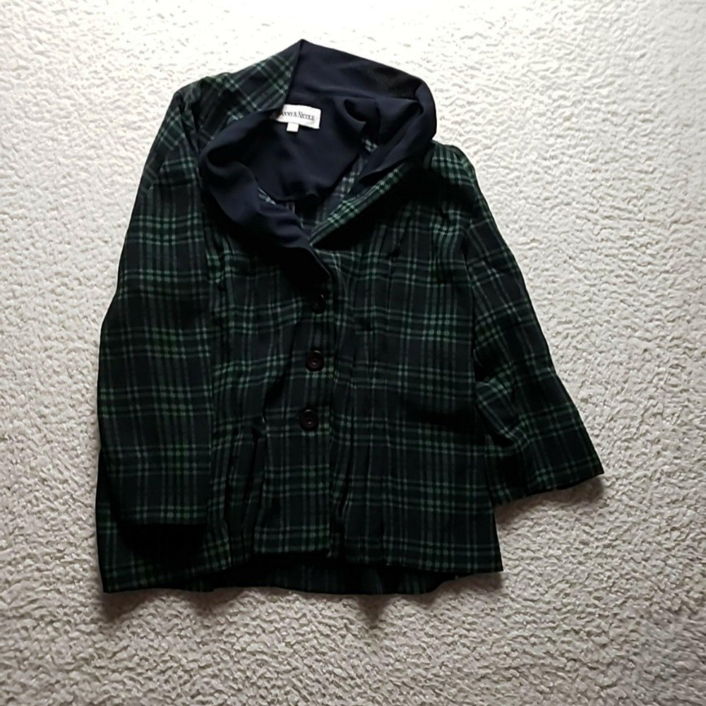 Danny & Nicole Blazer Jacket Womens 16 Green Plaid‎ Shawl Collar Three Button